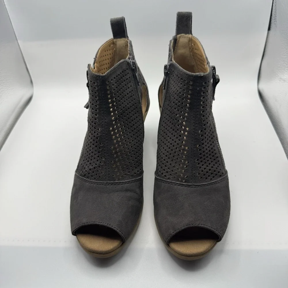Earth Booties Ankle Cosmos Womens Size 6.5B Gray Suede Open Toe Wedge Zip Casual